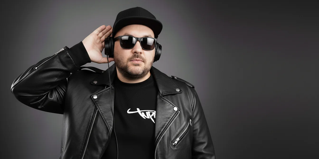 DJ Lito mit Kopfhörern, Cap, Sonnenbrille und Lederjacke