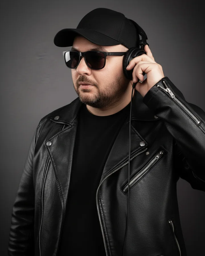 DJ Lito im Profil mit Kopfhörer, Cap und Sonnenbrille